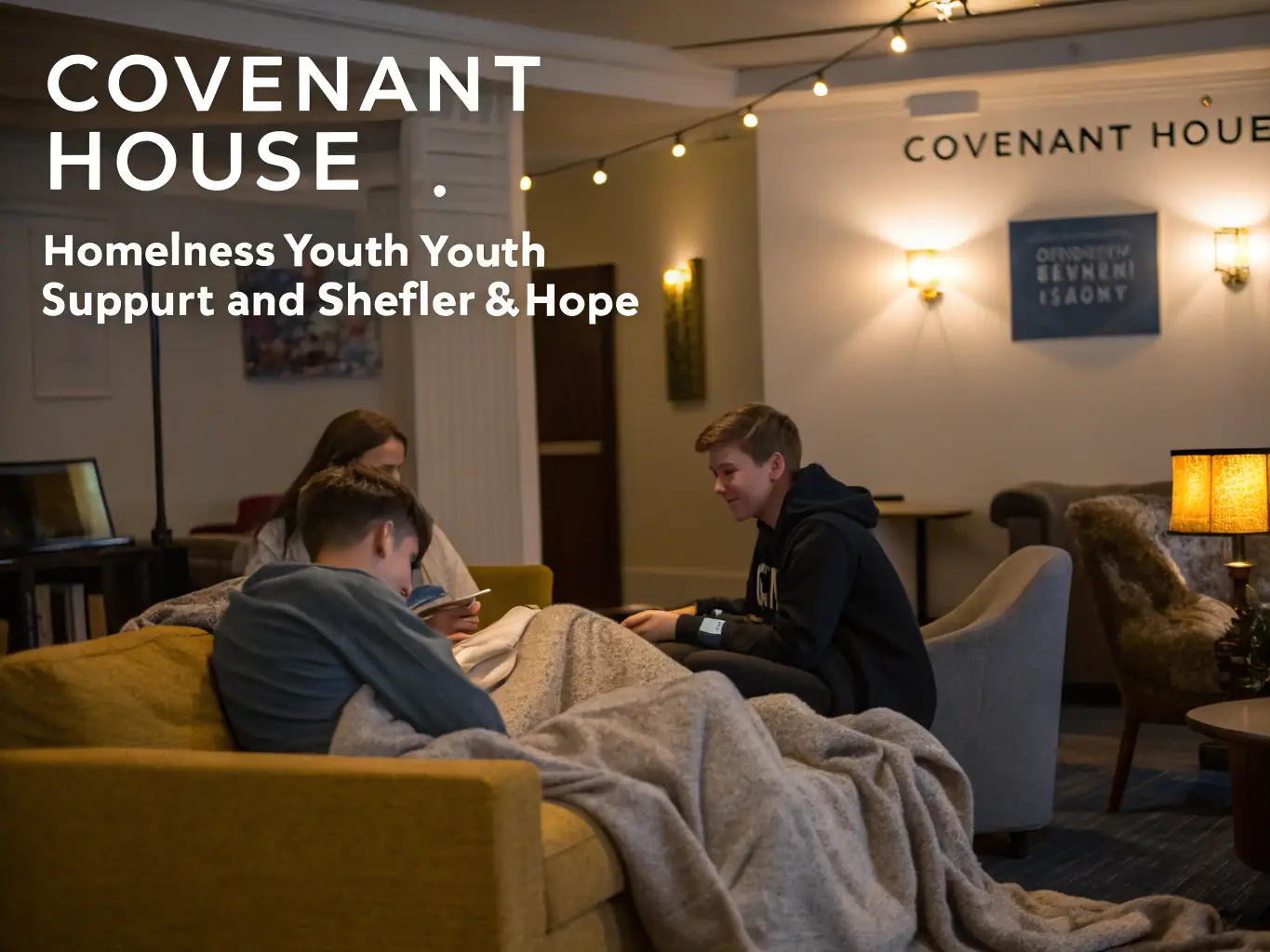 A photograph of a modern, clean homeless shelter with several beds neatly made, soft lighting, and a welcoming atmosphere, emphasizing safety and comfort.