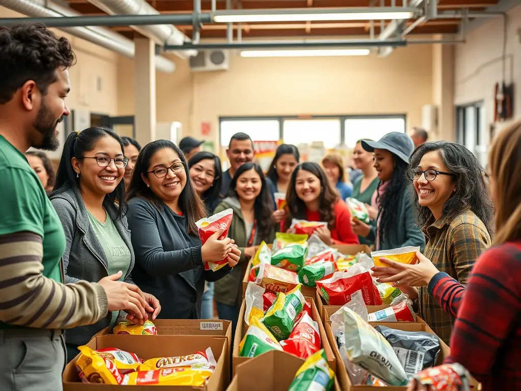 A photograph of volunteers serving hot meals at a food bank, with diverse individuals gratefully receiving the food, highlighting community support and nourishment.